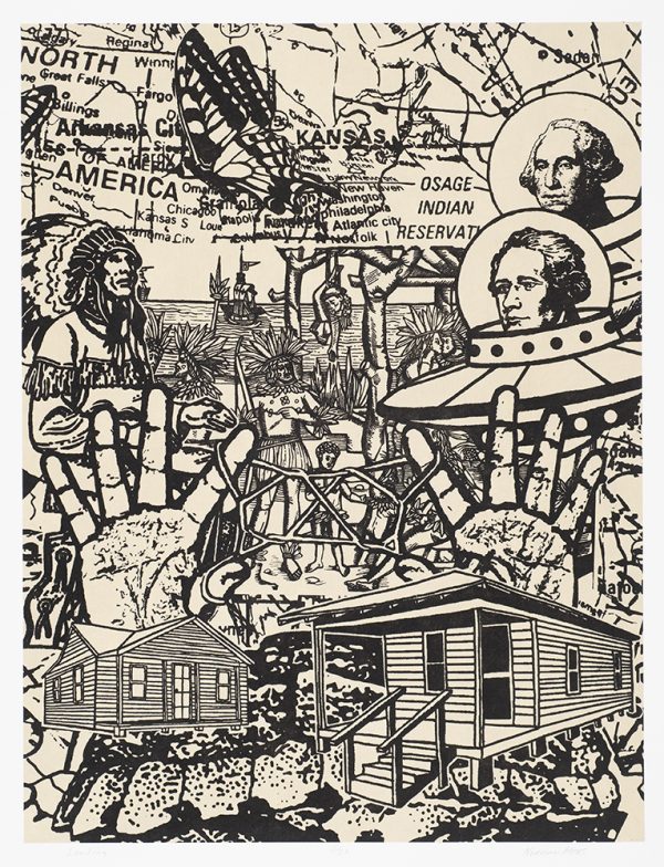 A collage style image, showing early Kansas and Native American images. A chief in headdress is at top left, two early American presidents in space ships are at top right. Two hands are below center playing 