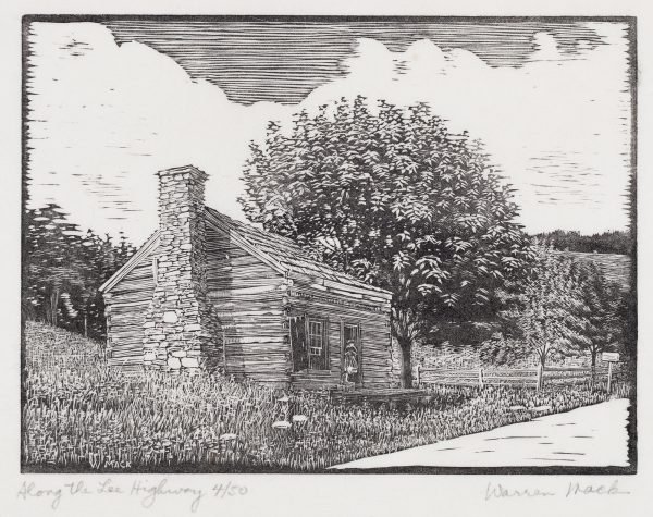 Two figures are in the doorway of a split log house. The house has a stone fireplace. A large tree is behind and a split wood fence is at right. A road runs from bottom center to the right, by a mailbox.