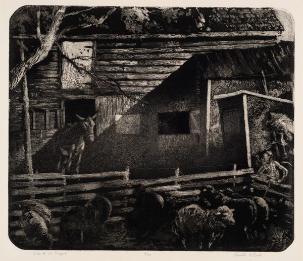 A figure at right watches six sheep in a pen. Behind is a donkey and a barn.