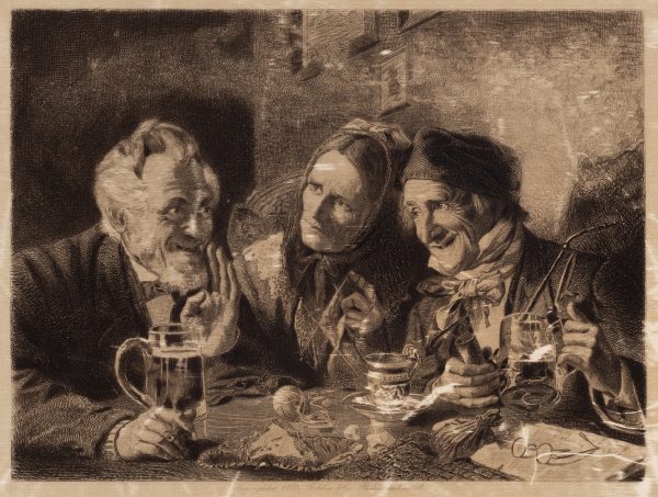 A man with a beard at left, holds his hand to his mouth, to whisper to an older couple. The woman is knitting. Both men are drinking from beer glasses, the woman is drinking from a tea cup.
