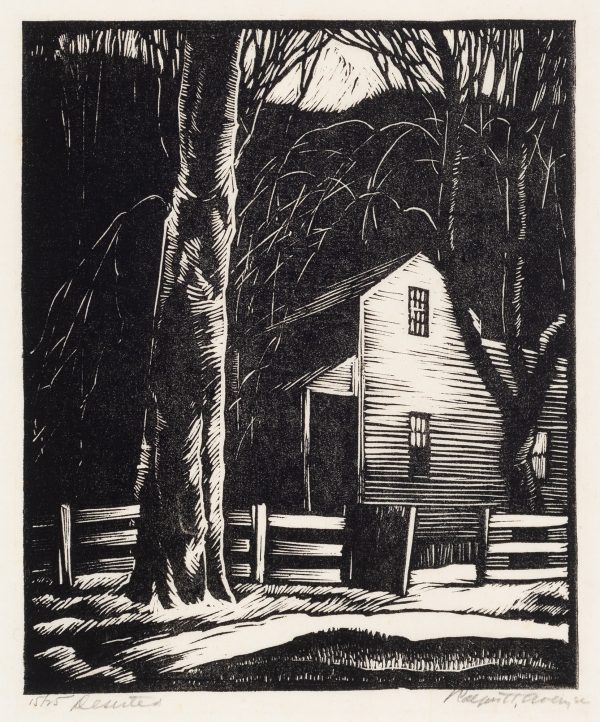 A 2-story clapboard house, with a tree and wood slat fence is in front.