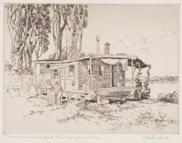 A fishing shanty has a door standing open. Birds fly over a lake at right. At left a woman hangs clothes on a line and two men stand near a wood table. Chickens are in the foreground at right.