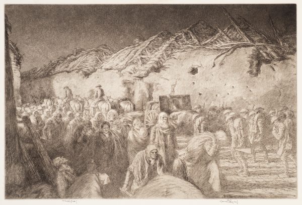 WWI. Refugees fleeing from left to right, with soldiers and a horse-drawn wagon heading right to left, toward the front, passing bomb damaged buildings, during World War I.