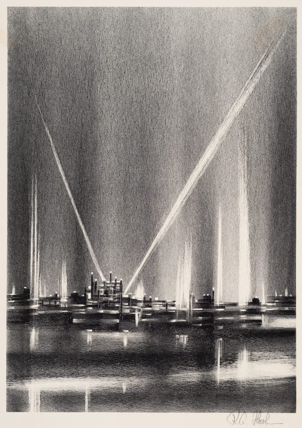 Vertical and diagonal columns of light are radiating from an airport, reflected in a body of water.