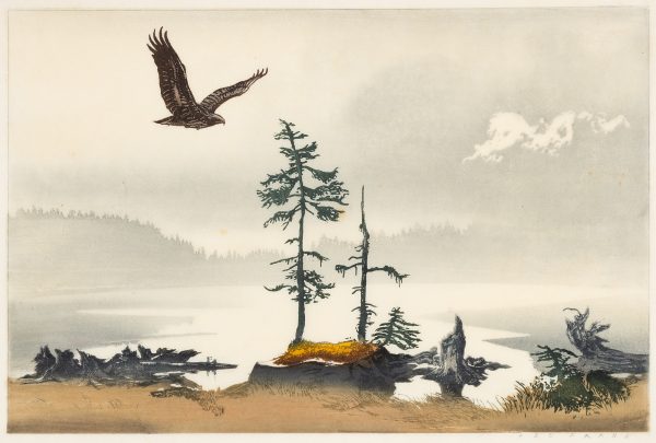 An eagle flies over a foggy lake with dying trees in the foreground and mountains in the background.