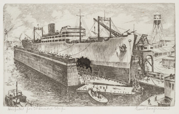 WWI. A warship, with a gapping hole in its side has workers and scaffolding on the pier near the hole, cranes in the background and a water tower to the right.