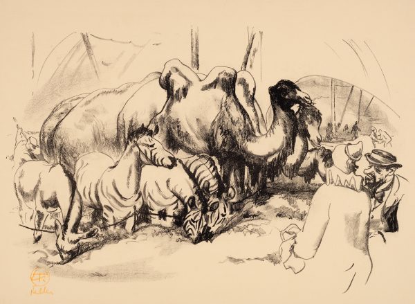 a circus scene of clowns at the bottom right, and camels, zebras, and elephants being fed.