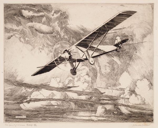 A prop plane flies through clouds.