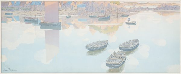 A French river scene that shows the reflections of the town in the background in the water.