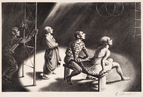 A group of four circus folk look up toward the high wire act. The woman at the right wears a pleated short skirt, a man to her left has a checkerboard patterned shirt. the figure second from left is wraped in a blanket, and the man a tthe left is in street clothes.