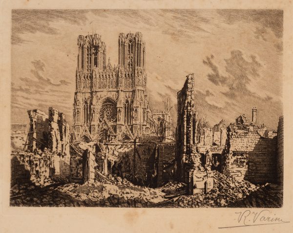 Buildings in ruins are in the foreground of Reims Cathedral