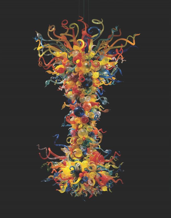 Photo of the Chihuly Chandelier with multiple pieces of colorful glass assembled together
