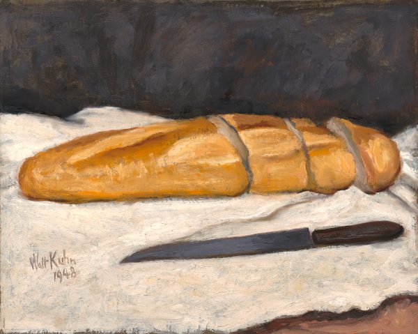 A still life of a loaf of bread with a knife rests on a white cloth. Neapolitan is scratched into the paint near the top edge.