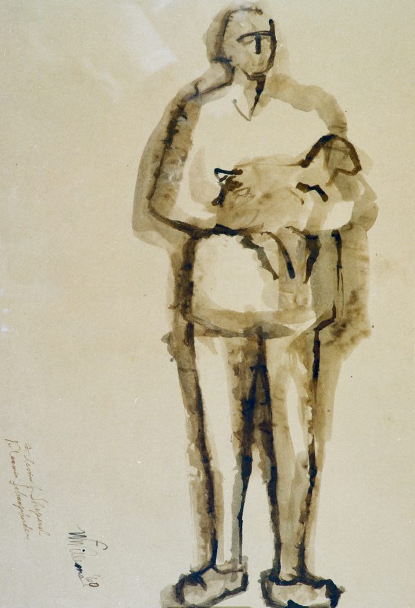 A shepherd stands holding a lamb.