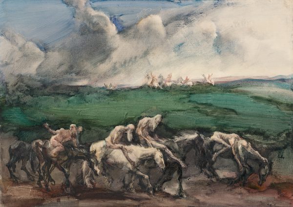 Emaciated nude men with long beards ride horses perhaps with a sense of urgency to find food and water.