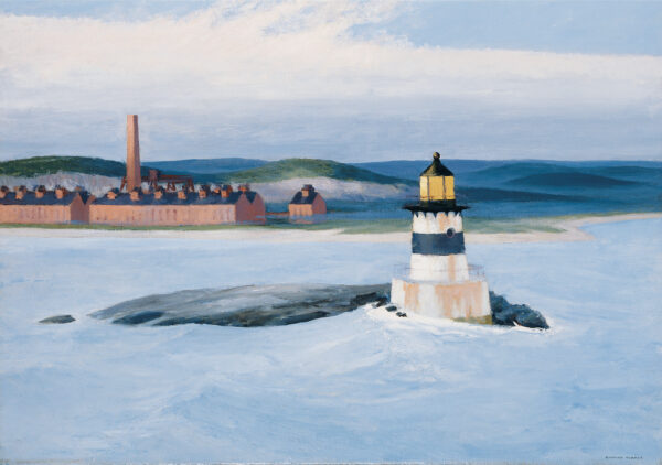 A body of water with a lighthouse built on a small island with industrial buildings on the far shore. Location: View of the Plymouth Cordage Works as seen from Saquish Head, off of Duxbury/Plymouth, Mass. – John Grady, 1994 However, the artist wrote in a letter to Mrs. Navas, 1939: The idea of the picture had been in mind a long time before I started to paint it, and I think was suggested by some things that I had seen while travelling on the Boston, New York boats on Long Island Sound. The original impression grew into an attempted synthesis of an entrance to a harbor on the New England Coast. The lighthouse is a not very actual rendition of one near Staten Island in New York harbor.