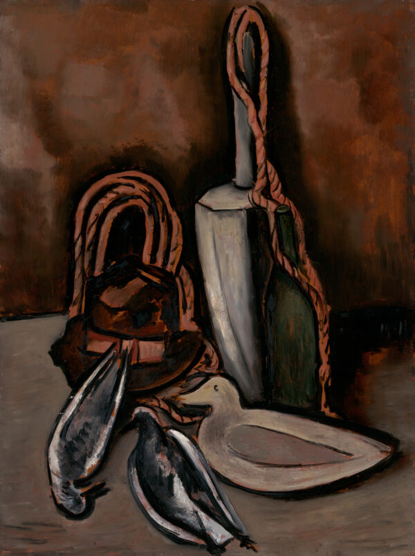 A still life of decoys and buoys.