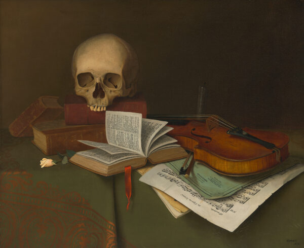 A still life of a skull (as a reminder of death), books and a violin with sheet music.