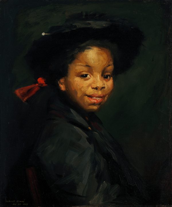 A portrait of a young child with a red ribbon in her hair.