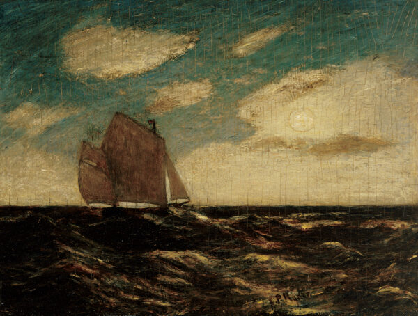 A boat on the horizon of the sea in moonlight.