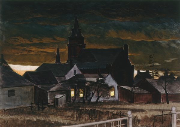 A cityscape featuring a church with a stormy sky.
