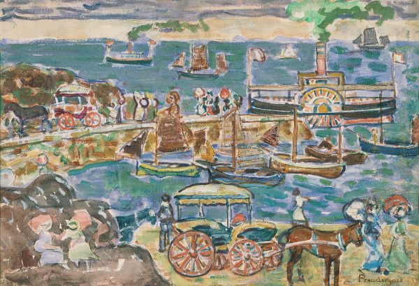 A bird's-eye view of a busy harbor including horse-drawn carriages, a paddle boat and steam and sail boats.