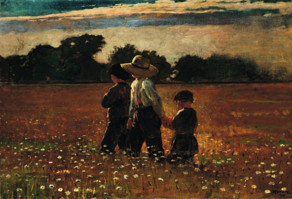 Three children, two in dark clothing and one wearing a straw hat, white shirt and dark pants, are centered in a landscape of wildflowers with white blooms, with a row of trees in the background and blue sky and clouds above