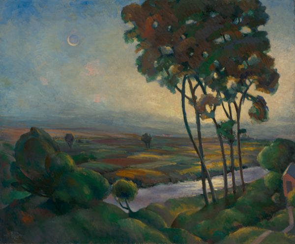 A landscape of five tall trees on the right overlooking a river and farmland beyond. There is a moon in the sky.