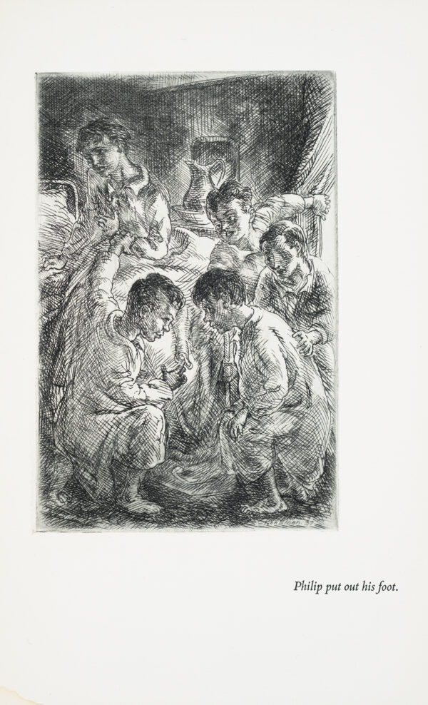 Four young boys crouch together on the floor, observing a foot of a sleeping child while another young boy sits on the bed. They are dressed in night clothes and in a group sleeping area.