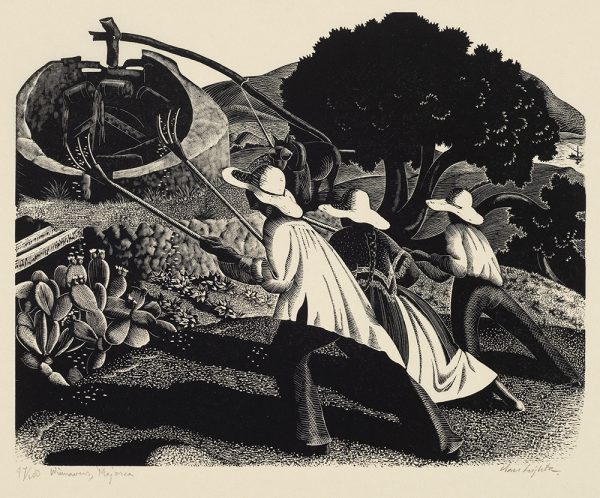 Three figures wearing white hats use three-prong rakes to winnow grain. At upper left is the donkey driven mill. At right are trees and the sea with a sail boat on it.