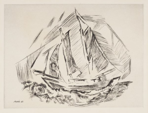 A slightly abstracted sail boat in full sail. An outline of a figure is at right on the deck.
