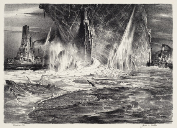 A large ship is seen from the waterline throwing up waves as it moves through the water. Tugboats are on each side. Debris is in the water, possibly from a shipwreck.