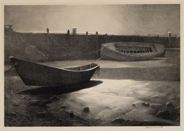 Two row boats are tied to a dock at low tide. No water is visible. Stars can be seen in the sky above.