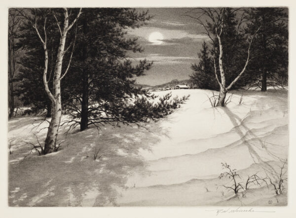 A winter scene of moonlight on deep snow, trees and a farm in the distance