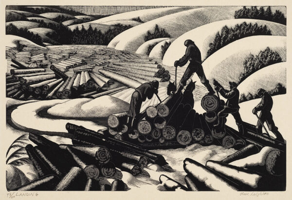 Four men work loading cut logs onto a wagon pulled by two horses. Snow covers the hills and the cult logs fill the valley (river) below.