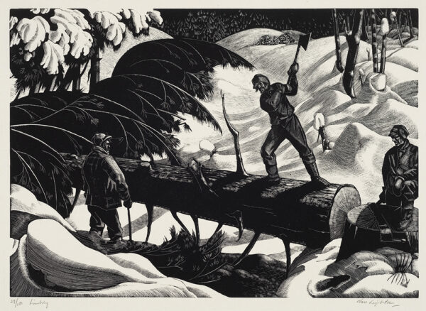A man stands on a cut down tree, using an axe to trim branches. Two other men watch. At right is the tree stump with the large saw resting on top. Snow is everywhere.