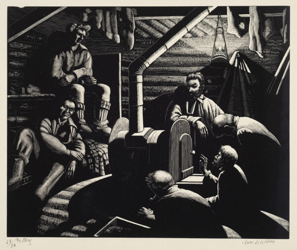 Six men in a cabin, surrounding a wood stove for heat. Two have tobacco pipes in their mouths. The bottom right figure has his hand raised to the heat. At left the men rest on bunks one over the other.