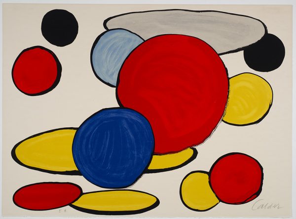 Colorful circles and ellipses in red, blue, grey, yellow and black are scattered over the ground.