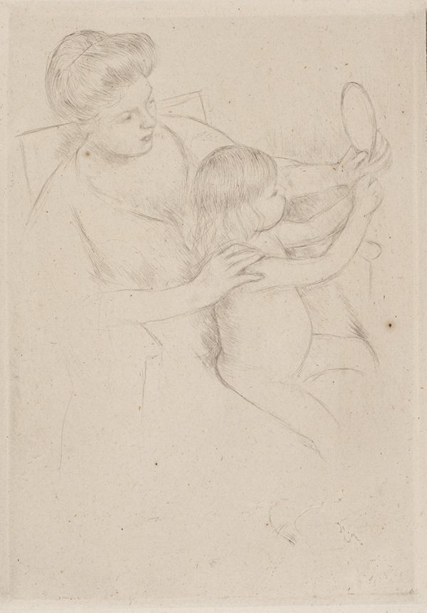 A woman sits in an easy chair holding a child on her lap. The woman holds a hand mirror just out of reach of the child. An American friend of Cassatt's, Matilda Lynch, posed for the mother.