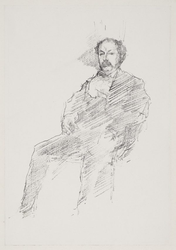 A man sits in a chair. His hands are in his lap and he looks directly at the viewer. The subject is a seated portrati of the artist's brother.