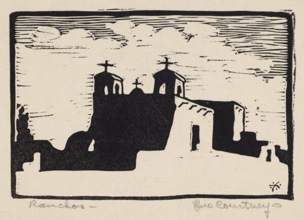 A shillouette of an adobe church with two towers.