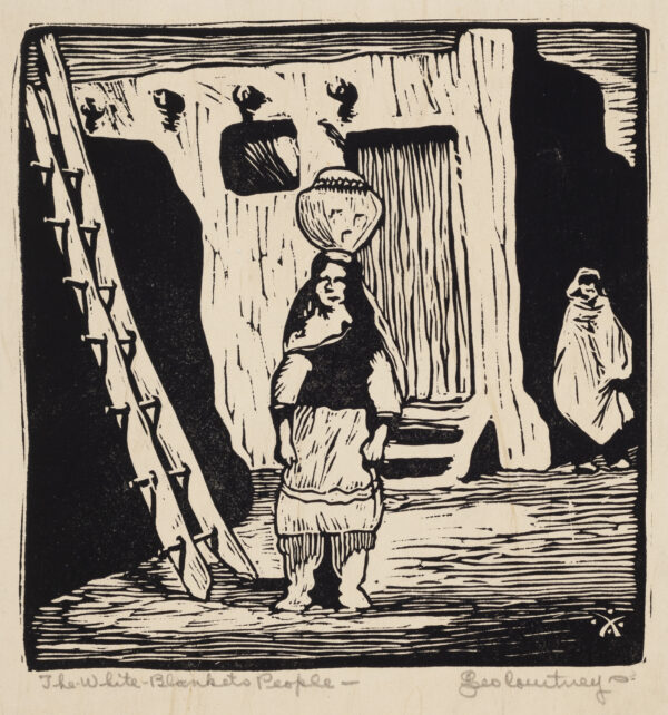 A woman is at center balancing a pot on her head. To the left is a ladder to the roof and behind is a doorway and window of an adobe home. At right is a figure wearing a white blanket.
