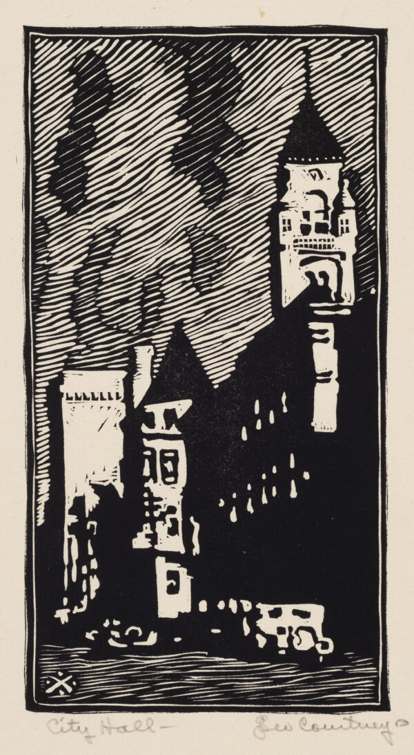 A view of a street with the tower for City Hall on the right, cars at the curb.