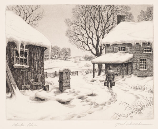 A man carries two buckets from the water pump. There is snow on the ground and icicles hang from the snowy roofs.