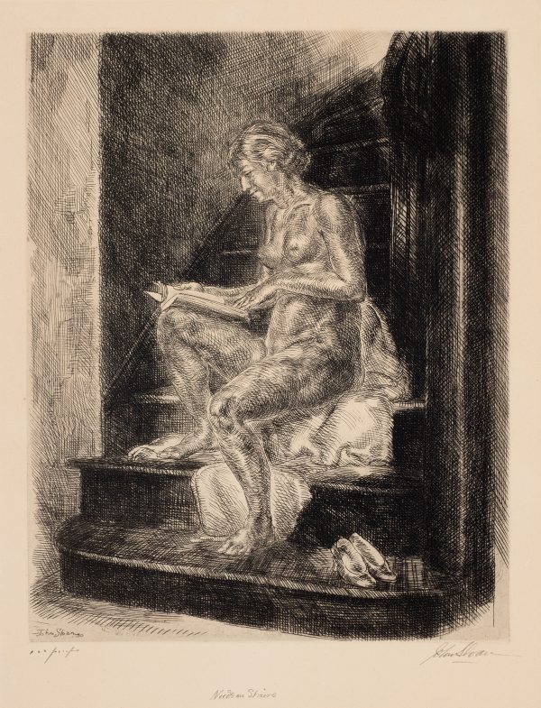 A nude sits on a blanket/her clothes thrown near the bottom of a flight of stairs. She is reading a book and her shoes are on the bottom step to her right.