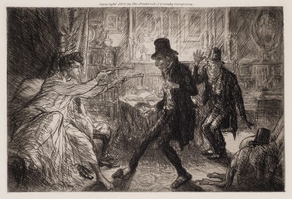 A figure rises from a bed to point a pistol at two men wearing top hats. Printed by Gustav A. Peters