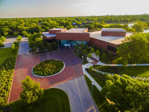 Aerial photo of the museum grounds near the front entrance facing northeast