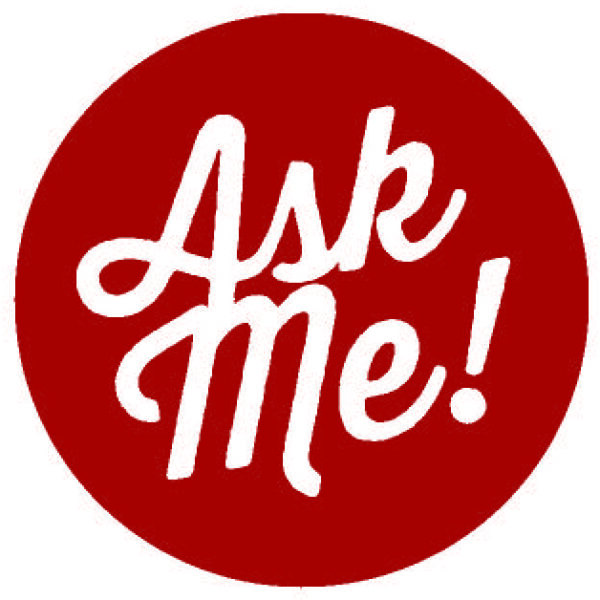 Round red button with the words Ask Me in a white script font