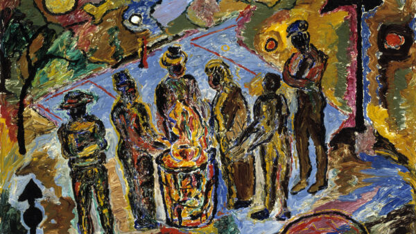 Painting of abstract figures in an exterior space