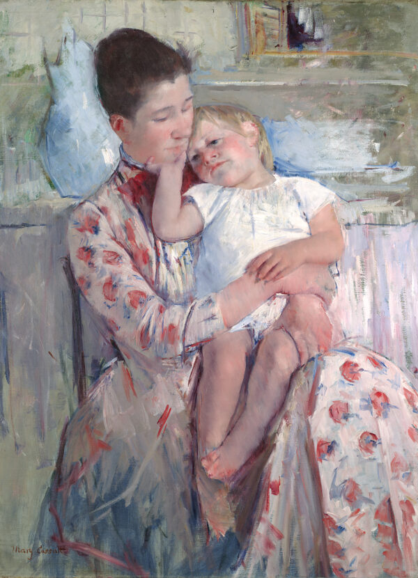 A woman in a flowered dress holds a child. There is a blue vase and washbasin behind them in this painting by Mary Cassatt
